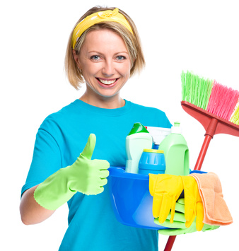 Young woman as a cleaning maid holding bucket full of liquids and showing thumb up gesture, isolated over white